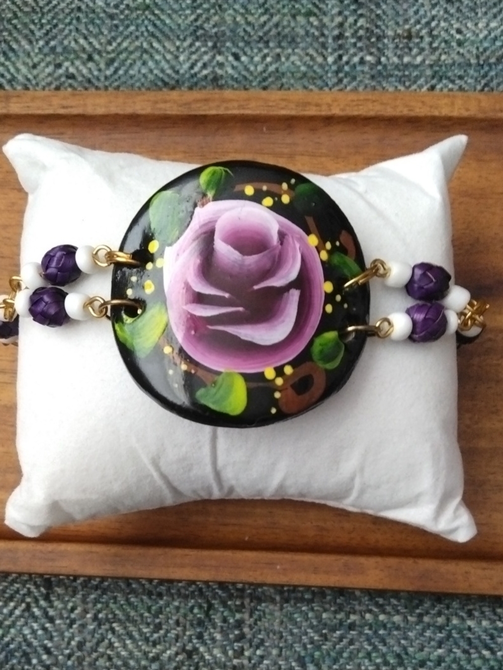 Hand-Painted Purple Rose Pendant Bracelet